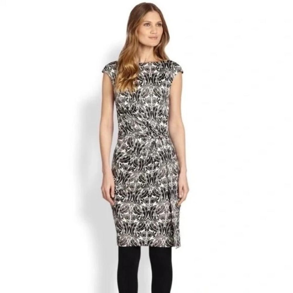 Tory Burch Black and White Cap-Sleeve Printed Midi Dress